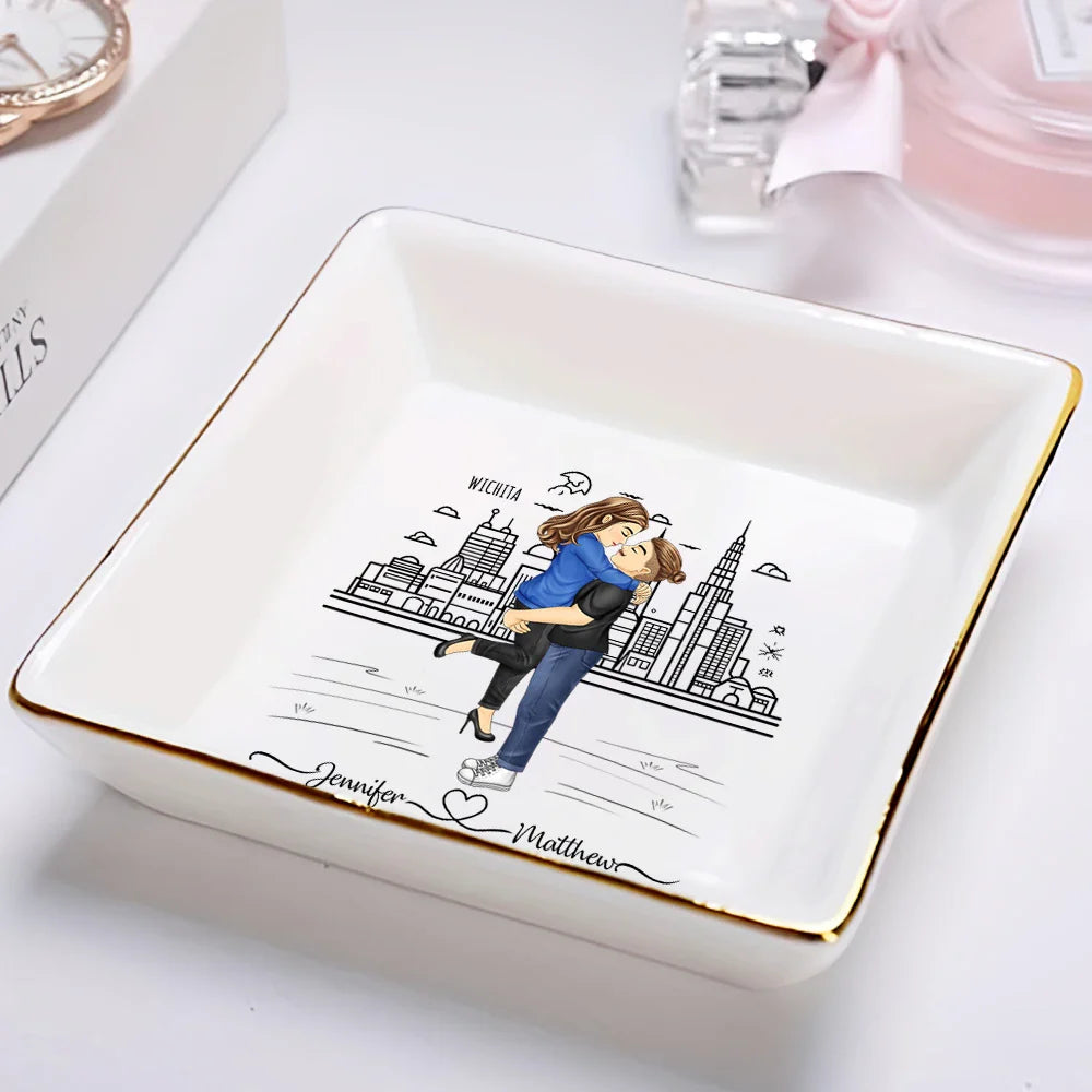 City Skyline Couple Married Engaged - Personalized Ring Dish