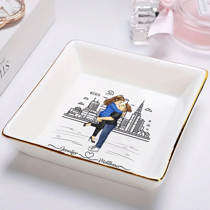 City Skyline Couple Married Engaged - Personalized Ring Dish