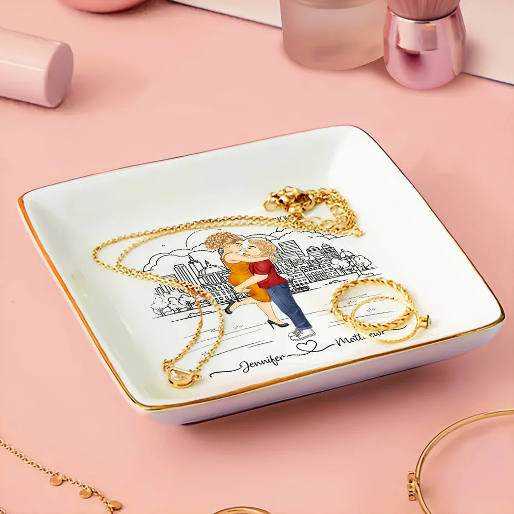 City Skyline Couple Married Engaged - Personalized Ring Dish