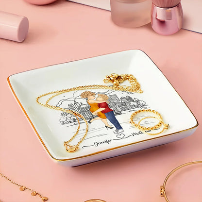 City Skyline Couple Married Engaged - Personalized Ring Dish