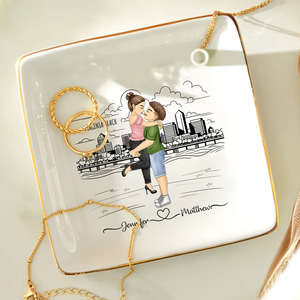 City Skyline Couple Married Engaged - Personalized Ring Dish