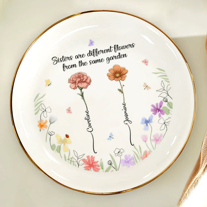 Birth Flower Sisters From The Same Garden - Personalized Round Ring Dish