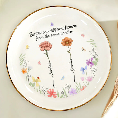Birth Flower Sisters From The Same Garden - Personalized Round Ring Dish