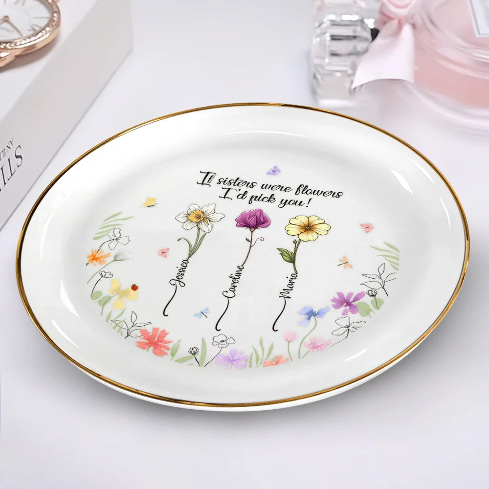 Birth Flower Sisters From The Same Garden - Personalized Round Ring Dish