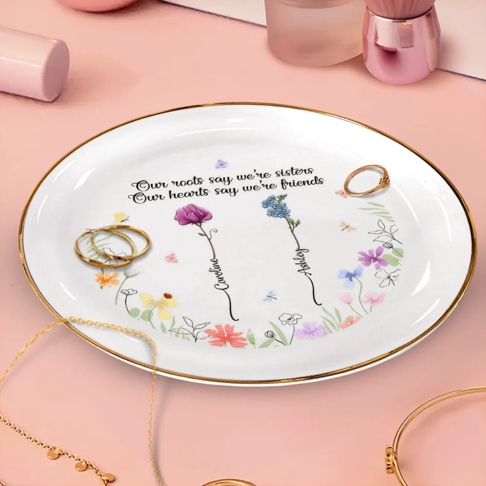 Birth Flower Sisters From The Same Garden - Personalized Round Ring Dish