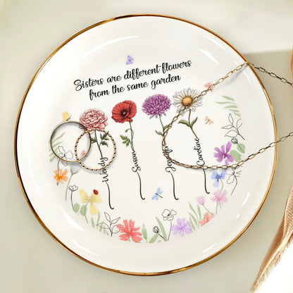 Birth Flower Sisters From The Same Garden - Personalized Round Ring Dish