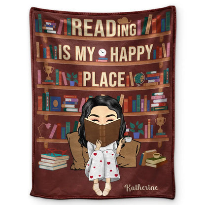 Reading Is My Happy Place - Personalized Fleece Blanket, Sherpa Blanket