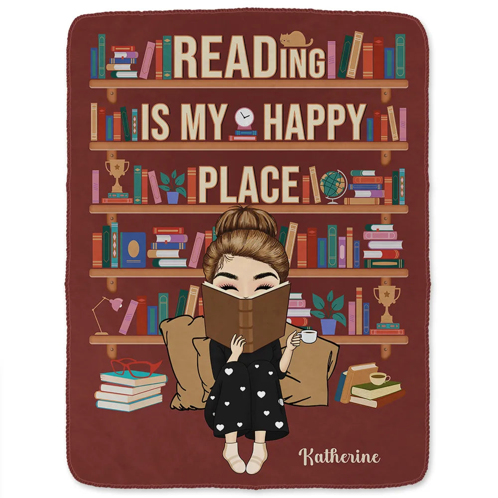 Reading Is My Happy Place - Personalized Fleece Blanket, Sherpa Blanket