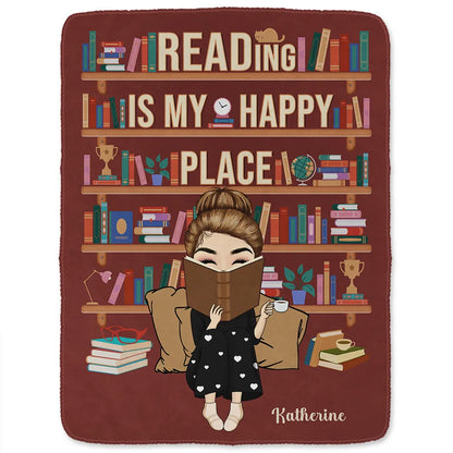 Reading Is My Happy Place - Personalized Fleece Blanket, Sherpa Blanket