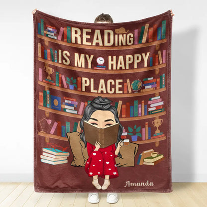 Reading Is My Happy Place - Personalized Fleece Blanket, Sherpa Blanket