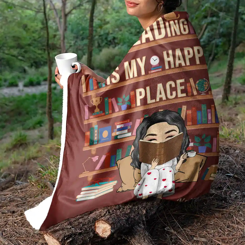 Reading Is My Happy Place - Personalized Fleece Blanket, Sherpa Blanket