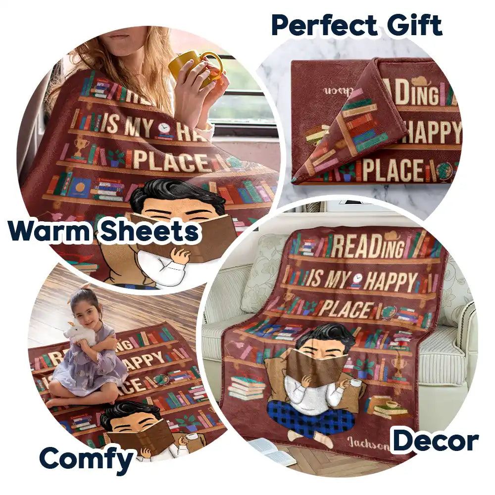 Reading Is My Happy Place - Personalized Fleece Blanket, Sherpa Blanket