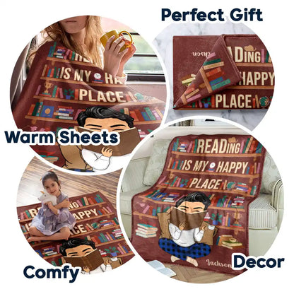 Reading Is My Happy Place - Personalized Fleece Blanket, Sherpa Blanket