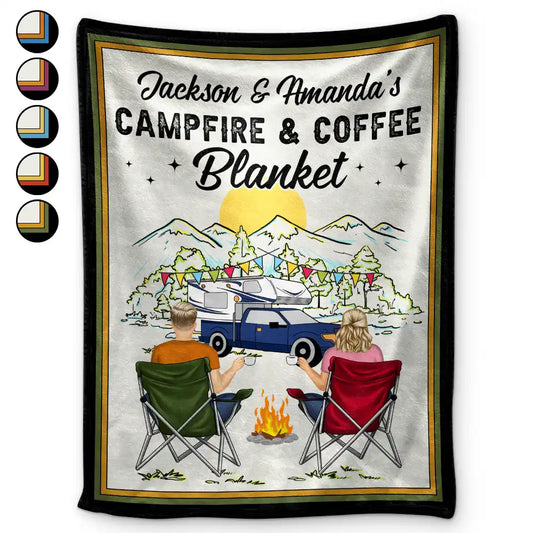 Campfire & Coffee Blanket Camping - Personalized Fleece Blanket, Sherpa Blanket