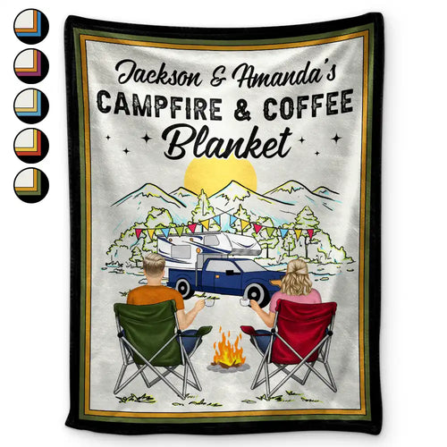 Campfire & Coffee Blanket Camping - Personalized Fleece Blanket, Sherpa Blanket