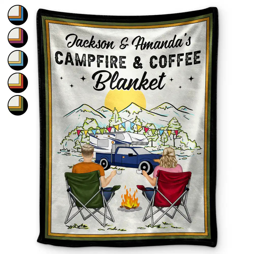 Campfire & Coffee Blanket Camping - Personalized Fleece Blanket, Sherpa Blanket