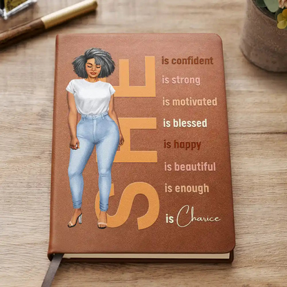 She Is Confident Strong Motivated - Personalized Leather Journal