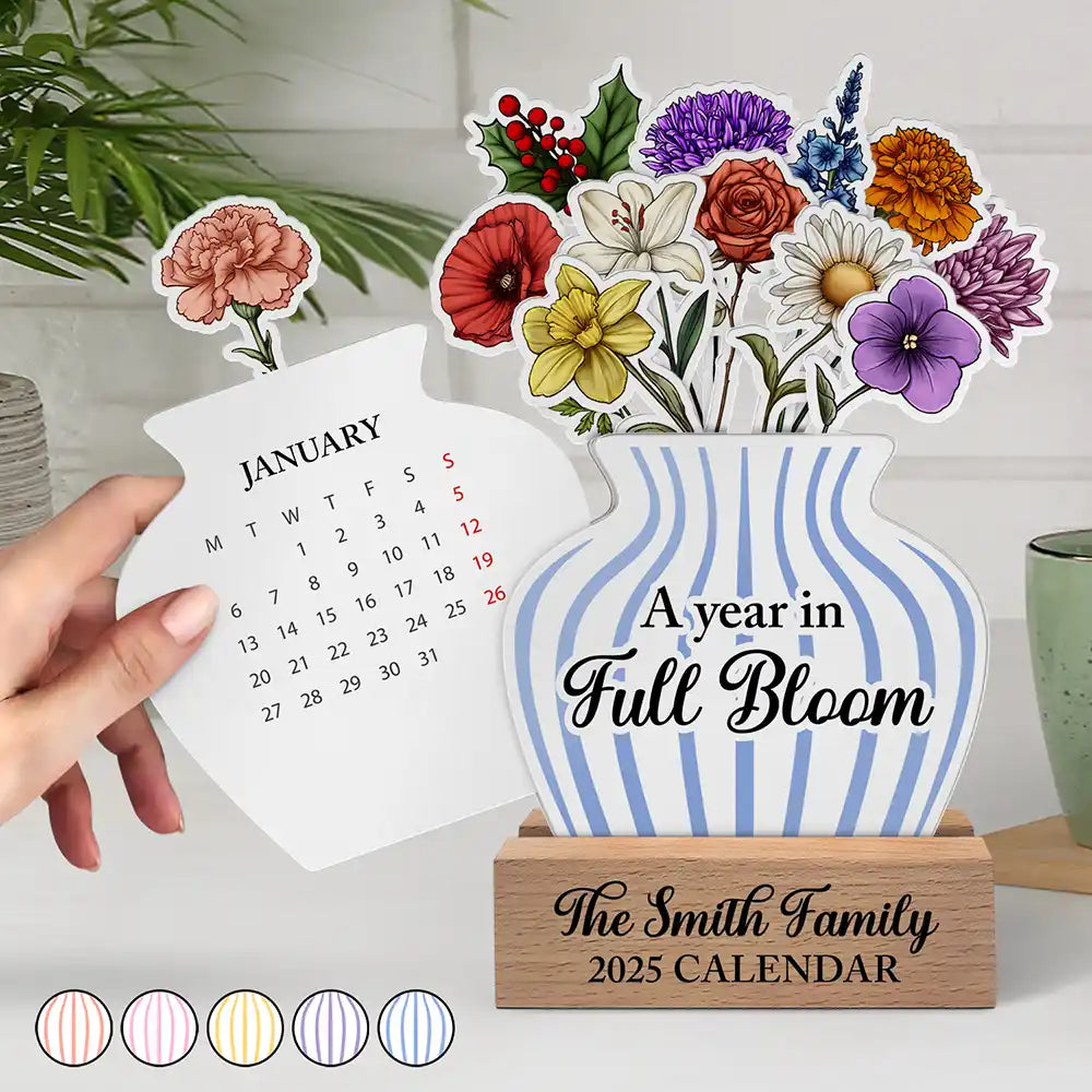 2025 Calendar With Birth Month Flowers - Personalized Custom Shaped Cardstock With Wooden Stand