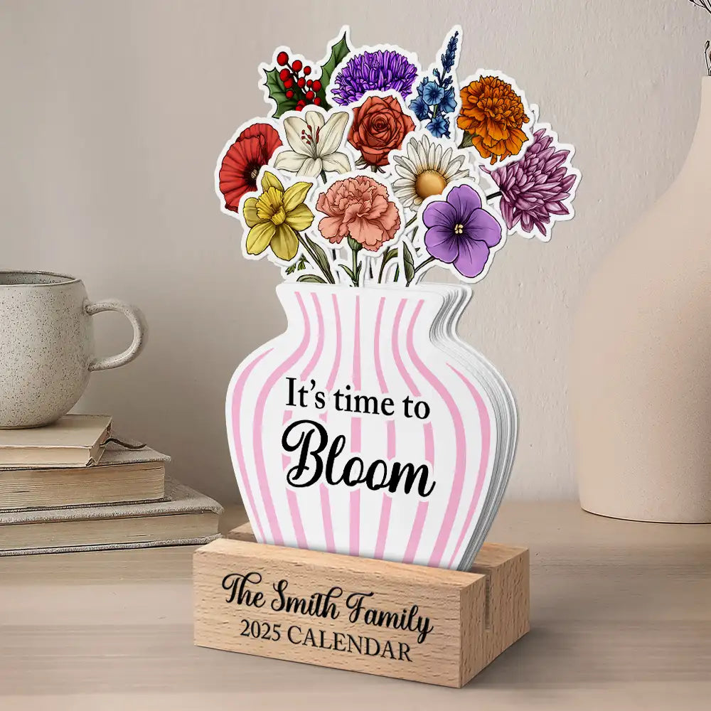 2025 Calendar With Birth Month Flowers - Personalized Custom Shaped Cardstock With Wooden Stand