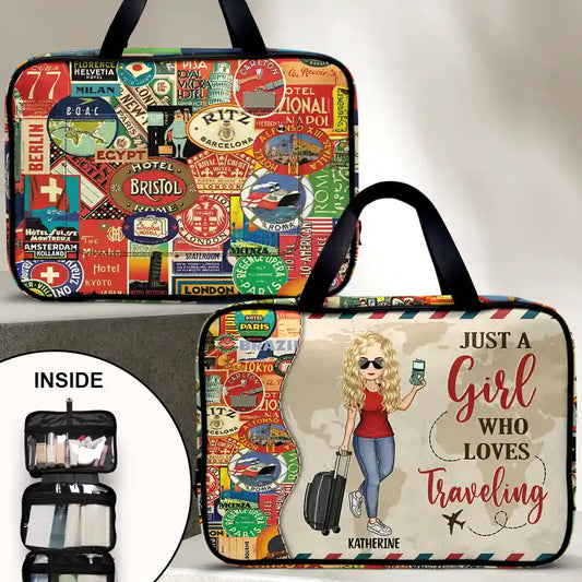 Travel,Gift For Yourself,Gift For Women,Happy - Just A Girl Who Loves Traveling - Personalized Toiletry Bag