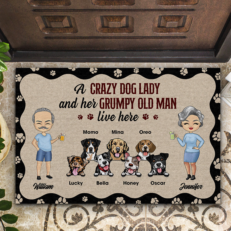 Chibi Couple Crazy Dog Lady & Her Grumpy Old Man - Dog Lover Gift - Personalized Custom Doormat