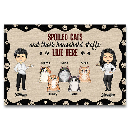 Chibi Couple  And Spoiled Cats Live Here - Cat Lover Gift - Personalized Custom Doormat