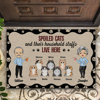 Chibi Couple  And Spoiled Cats Live Here - Cat Lover Gift - Personalized Custom Doormat