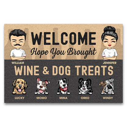 Chibi Couple Welcome Hope You Brought Wine And Dog Treats - Dog Lover Gift - Personalized Custom Doormat