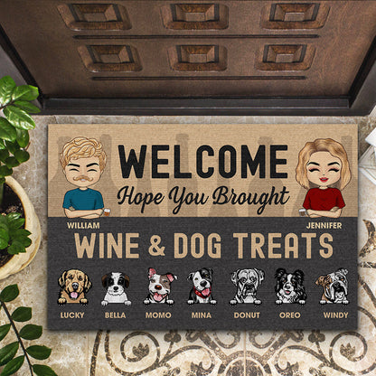 Chibi Couple Welcome Hope You Brought Wine And Dog Treats - Dog Lover Gift - Personalized Custom Doormat