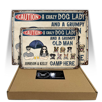 A Crazy Dog Lady And A Grumpy Old Man Camp Here - Gift For Dog Lovers - Personalized Custom Classic Metal Signs