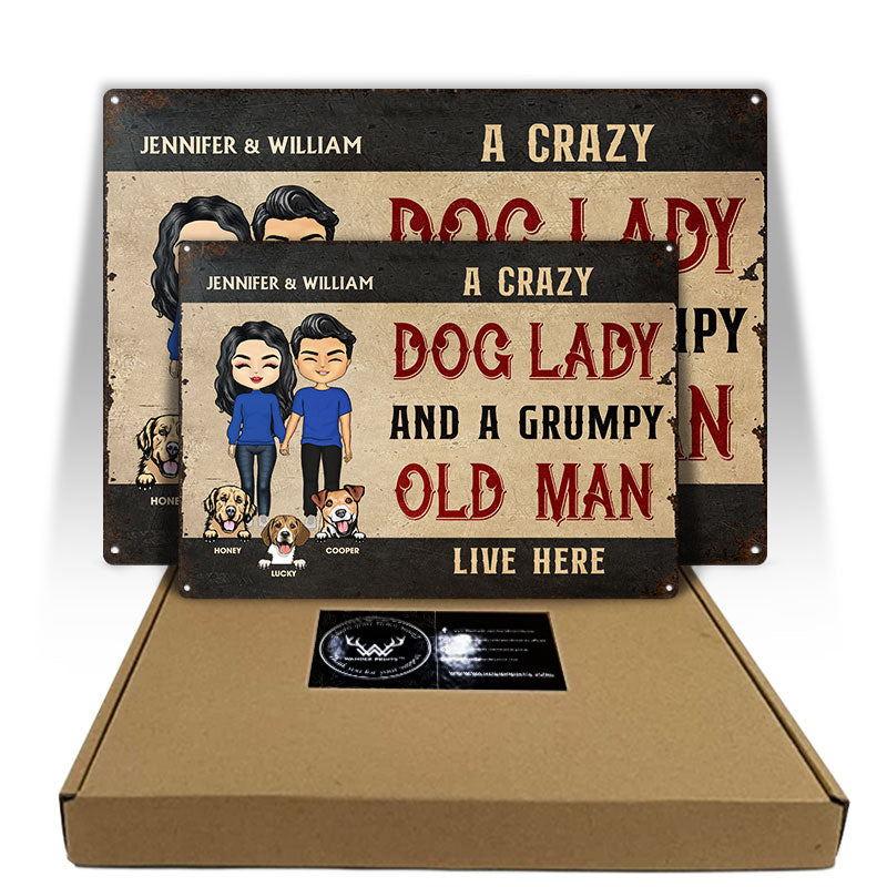 Family Couple Dog Lady & A Grumpy Old Man - Gift For Dog Lovers - Personalized Custom Classic Metal Signs