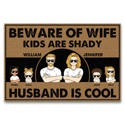 Family Couple Beware Of Wife Husband Is Cool - Gift For Couple - Personalized Custom Doormat