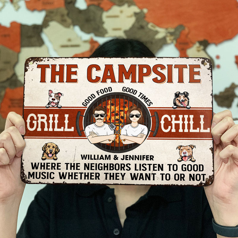 Couple The Backyard Good Food Good Times - Dog Lovers Gift - Personalized Custom Classic Metal Signs