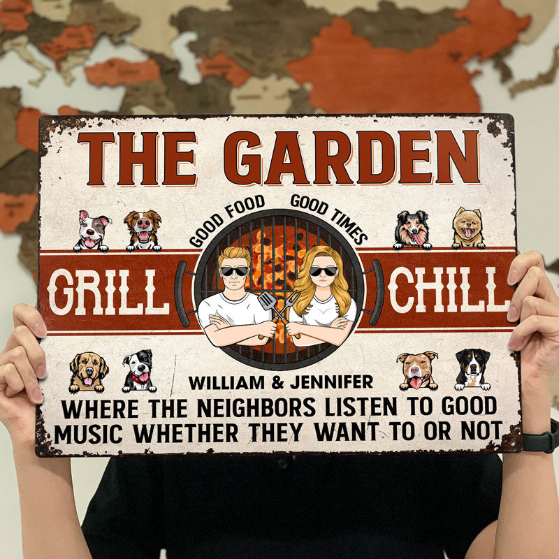 Couple The Backyard Good Food Good Times - Dog Lovers Gift - Personalized Custom Classic Metal Signs