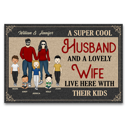 Family Couple A Super Cool Husband And A Lovely Wife Live Here - Gift For Couple - Personalized Custom Doormat