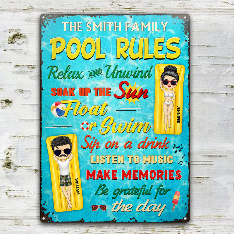 Pool Rules Float Or Swim Make Memories Couple Husband Wife - Backyard Sign - Personalized Custom Classic Metal Signs