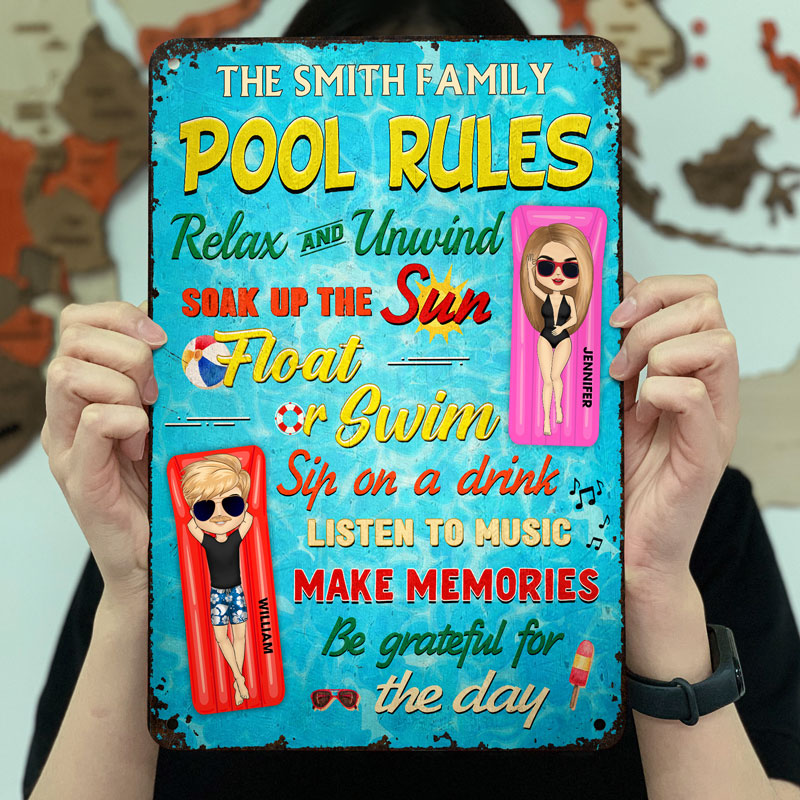 Pool Rules Float Or Swim Make Memories Couple Husband Wife - Backyard Sign - Personalized Custom Classic Metal Signs