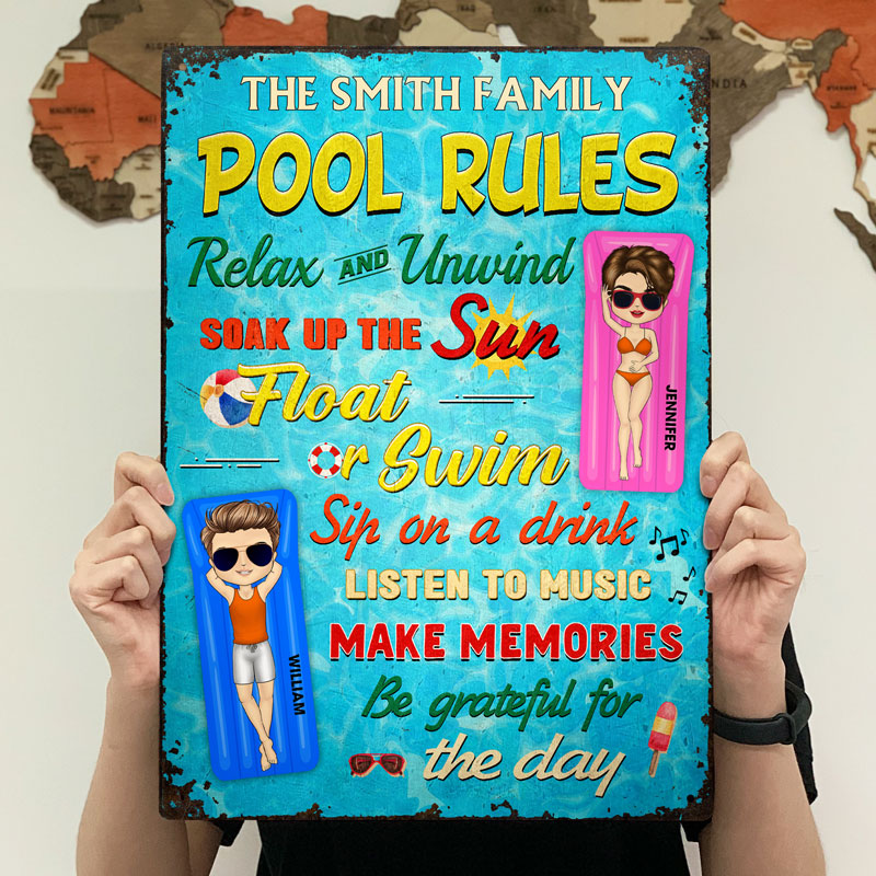 Pool Rules Float Or Swim Make Memories Couple Husband Wife - Backyard Sign - Personalized Custom Classic Metal Signs