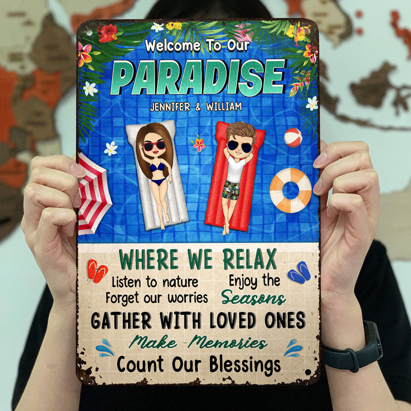 Poolside Couple Where We Relax - Gift For Couples - Personalized Custom Classic Metal Signs