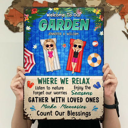 Poolside Couple Where We Relax - Gift For Couples - Personalized Custom Classic Metal Signs