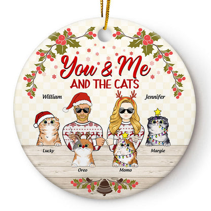 Christmas Couple And The Cats - Gift For Cat Lovers - Personalized Custom Circle Ceramic Ornament