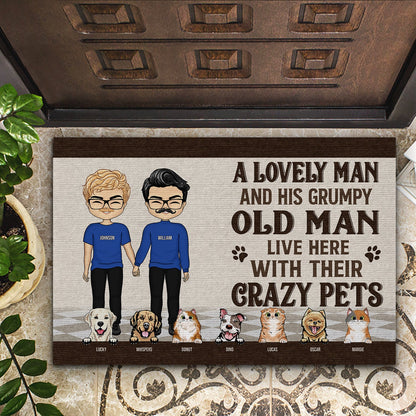 Lovely Lady Grumpy Old Man With Crazy Dogs Cats - Gift For Couple & Pet Owners - Personalized Custom Doormat