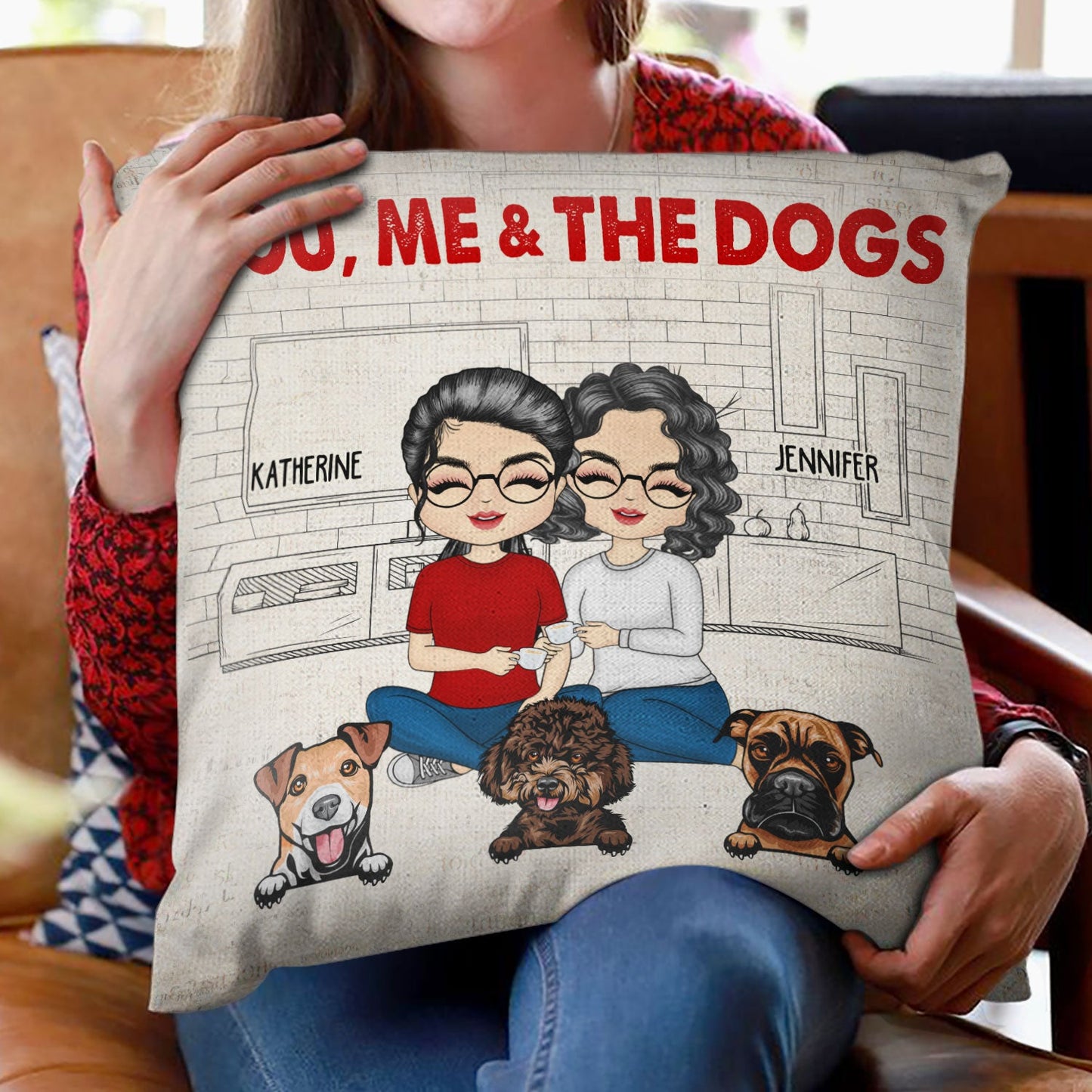 Chibi Couple With The Fur Babies - Gift For Dog & Cat Lovers - Personalized Custom Pillow