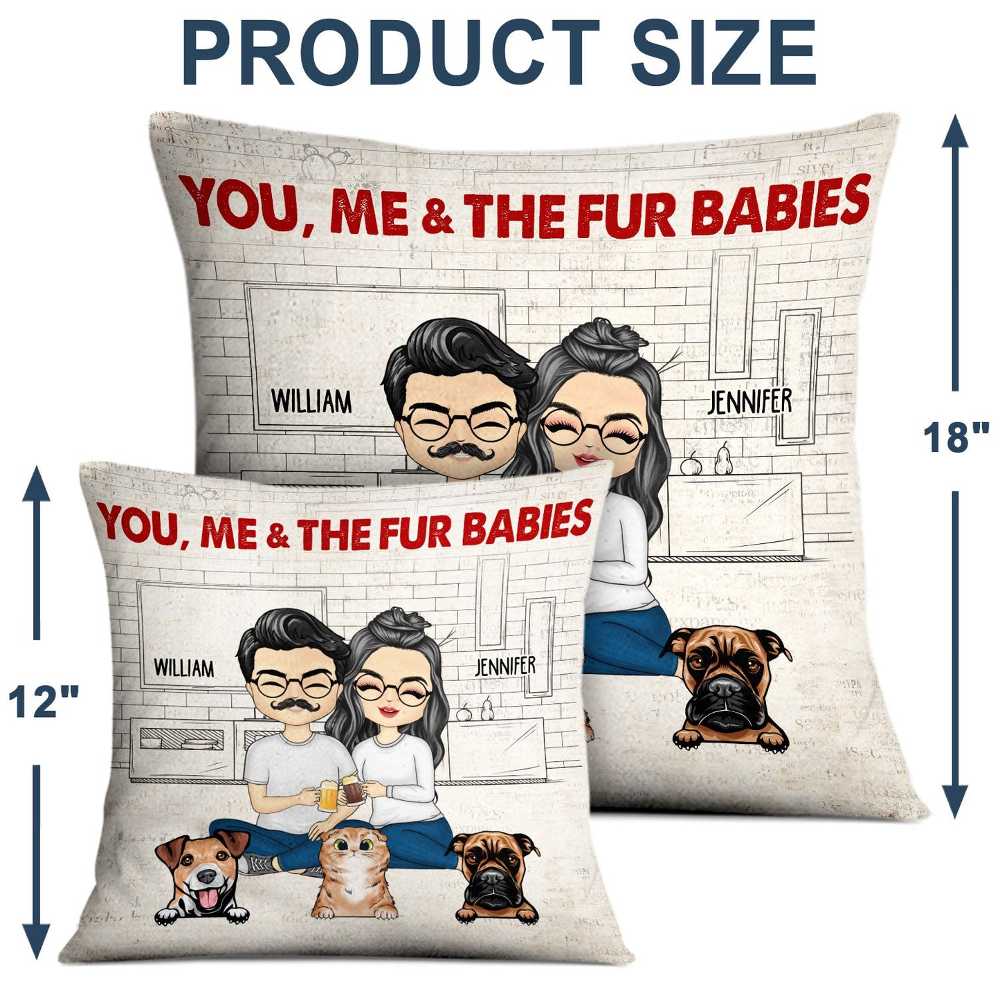 Chibi Couple With The Fur Babies - Gift For Dog & Cat Lovers - Personalized Custom Pillow