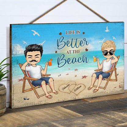 I Love You To The Beach And Back - Anniversary, Birthday Gift For Spouse, Lover, Husband, Wife, Boyfriend, Girlfriend, Summer Travel Couple - Personalized Custom Wood Rectangle Sign