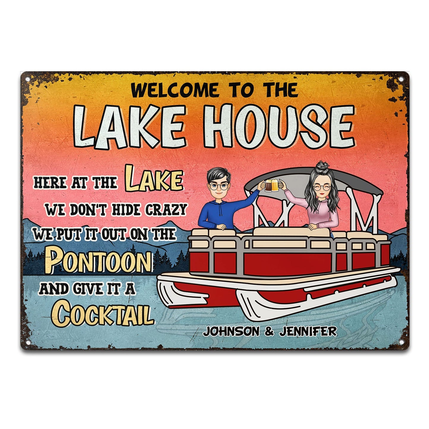 Here At The Lake We Don't Hide - Gift For Pontoon Owner - Personalized Custom Classic Metal Signs