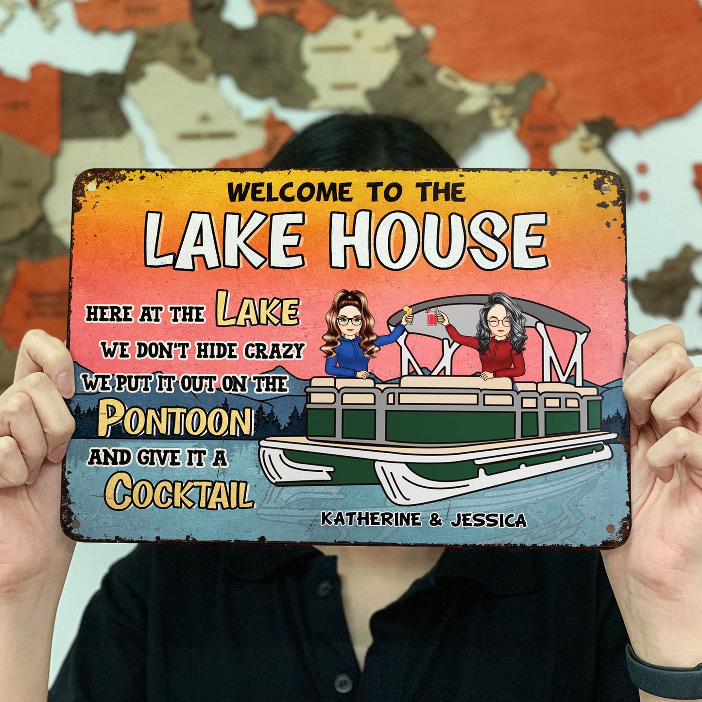 Here At The Lake We Don't Hide - Gift For Pontoon Owner - Personalized Custom Classic Metal Signs