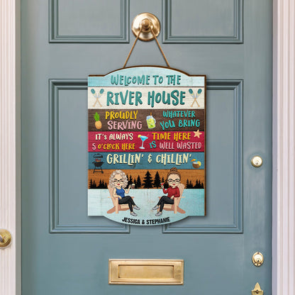 Proudly Serving Time Here Is Well Wasted - Lake House, Pool House Decor - Personalized Custom Shaped Wood Sign