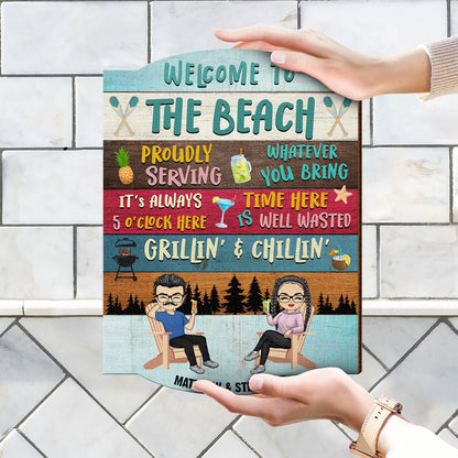 Proudly Serving Time Here Is Well Wasted - Lake House, Pool House Decor - Personalized Custom Shaped Wood Sign