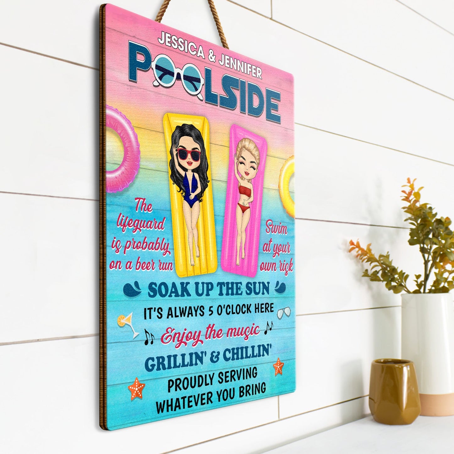 Pool Rules Swim At Your Own Risk Grilling Couple Husband Wife - Pool Sign - Personalized Custom Shaped Wood Sign